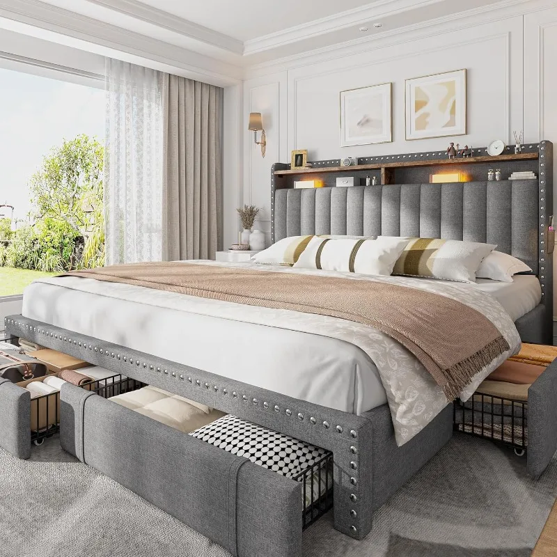 King Size Bed Frame With Storage Drawers - EnHomee Upholstered King Size Bed Frame