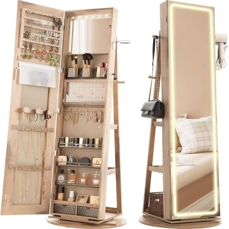 Full Length Mirror Jewelry Armoire - Standing Mirror Jewelry Cabinet, 360° Swivel