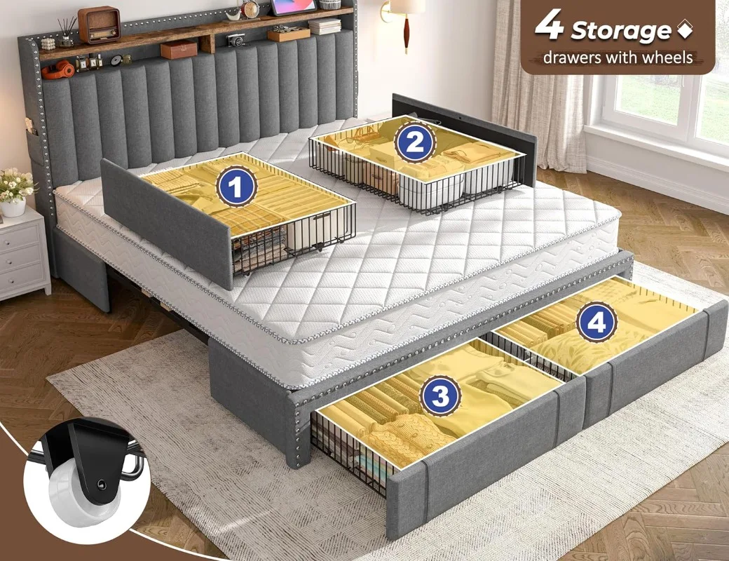 EnHomee Upholstered King Size  - đánh giá và giá King Size Bed Frame With Storage Drawers